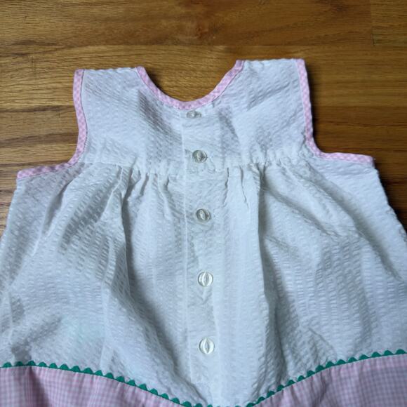 Baby Girl's Pink & White Seersucker Romper Bow Accent Embroidered Flowers - Picture 7 of 7